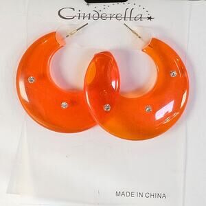 Statement Orange Resin Hoop Earrings Rhinestone Studded Lightweight Chunky Style